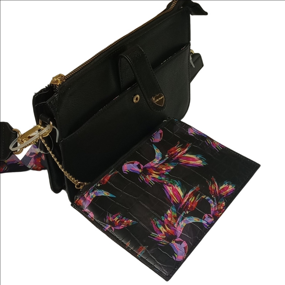 🆕 BETSEY JOHNSON "BIRDS OF PARADISE" BLACK CROSSBODY BAG WITH PULLOUT POUCH - Picture 7 of 15